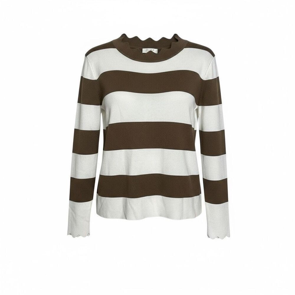 Sasa‎ Striped Scalloped Knit Lightweight Pullover Sweater Brown White Size Small